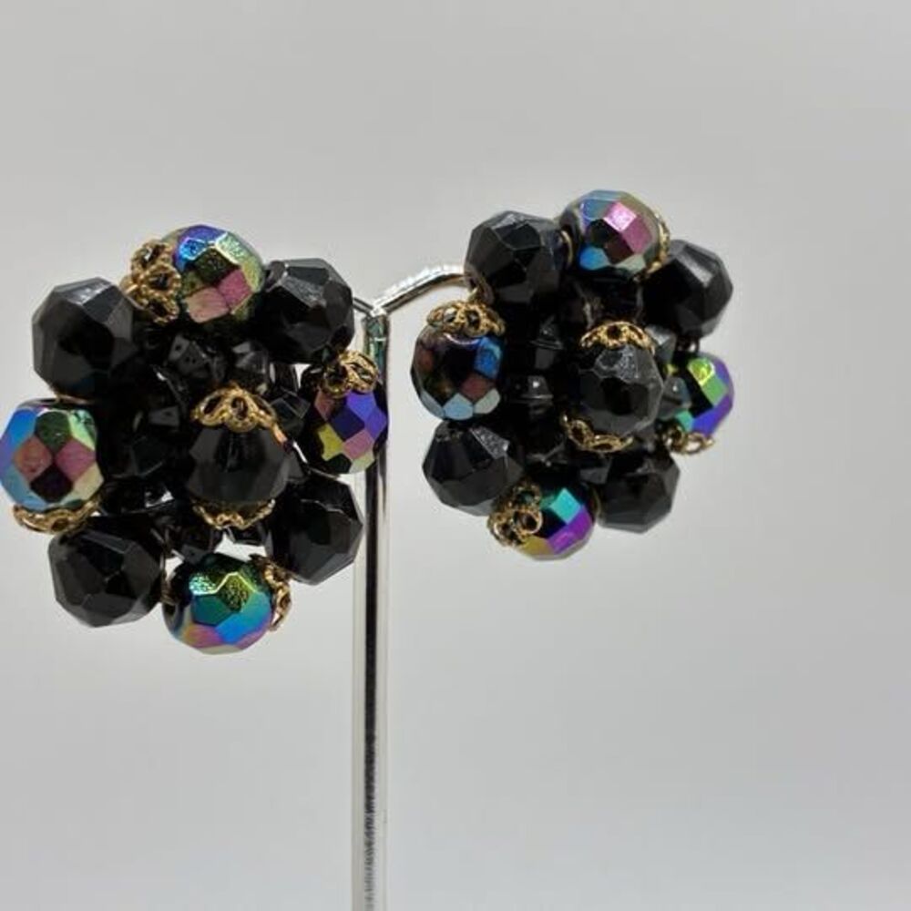 Black Cluster Aurora Borealis Clip On Earrings  Made In Eastern Germany VTG